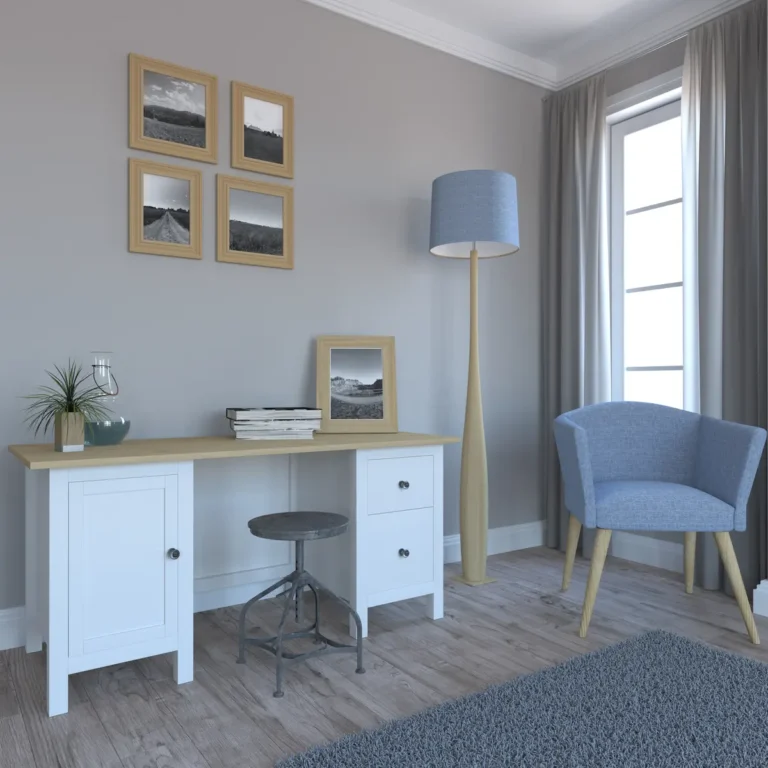 escritorio blanco con silla y sillón azul para zona de estudio juvenil